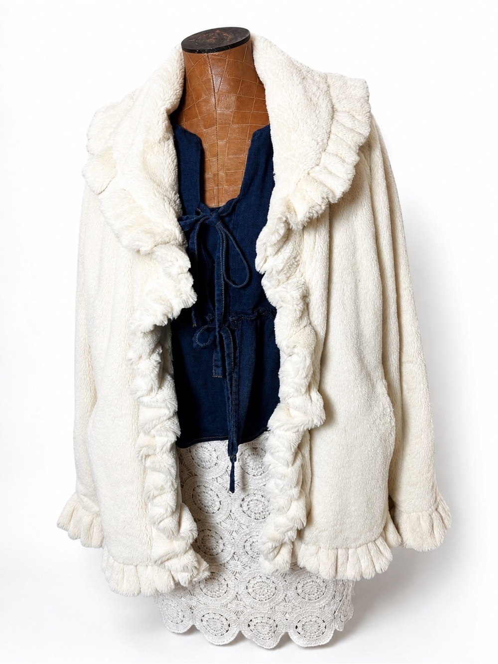 Damselle New York Ivory Faux Fur Ruffle Trim Coat